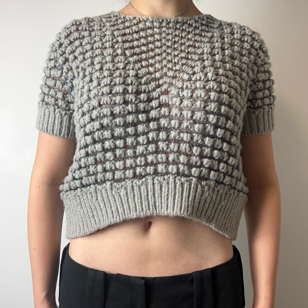 Theyskens’ Theory grey open knit short sleeve top